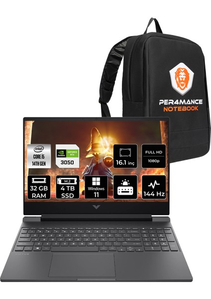Victus 16 Intel Core I5 14450HX 32GB 4tb SSD RTX4050/6GB 16.1" Fhd 144Hz W11P Taşınabilir Bilgisayar & Per4 Çanta BL6W5EAPN400