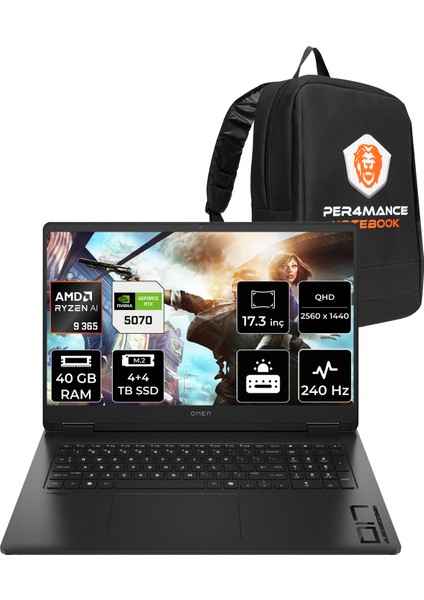 Omen 17 Amd Ryzen Aı 9 365 40GB 4tb+4tb SSD RTX5070/8GB 17.3" Qhd 240Hz Fdos Taşınabilir Bilgisayar & Per4 Çanta BV7W3EAPN330