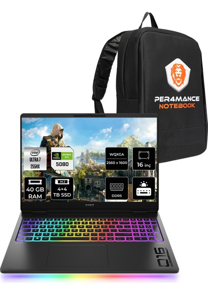 Omen Max 16 Intel Core Ultra 7 255HX 40GB 4tb+4tb SSD RTX5080/16GB 16" Qhd+ 240Hz Fdos Taşınabilir Bilgisayar & Per4 Çanta B8SQ8EAPN330