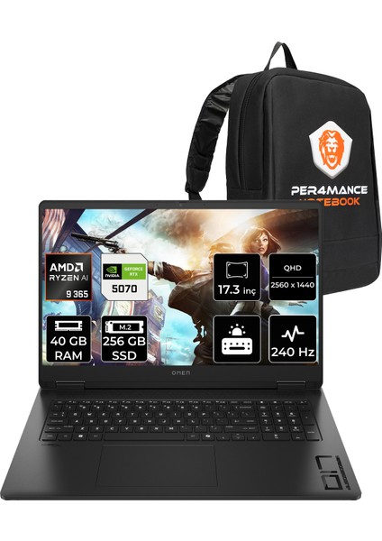 Omen 17 Amd Ryzen Aı 9 365 40GB 256GB SSD RTX5070/8GB 17.3" Qhd 240Hz Fdos Taşınabilir Bilgisayar & Per4 Çanta BV7W3EAPN325