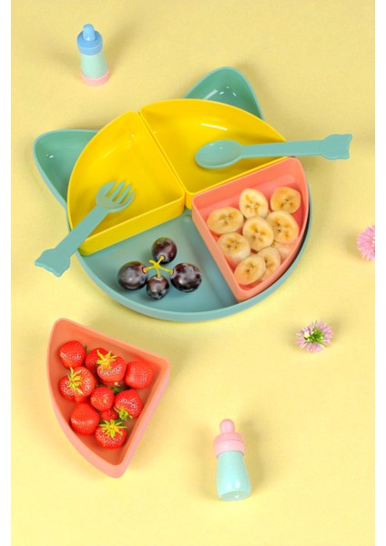 Kitty 7 Parça Kedicik Model Çocuk Bebek Çatal Kaşık Tabak Yemek Beslenme Seti Mama Tabağı - Sarı
