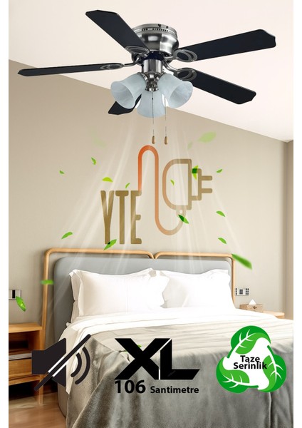 Avizeli 5 Kanatlı 60 Watt 106 cm Nikel 3 Işıklı Tavan Vantilatörü