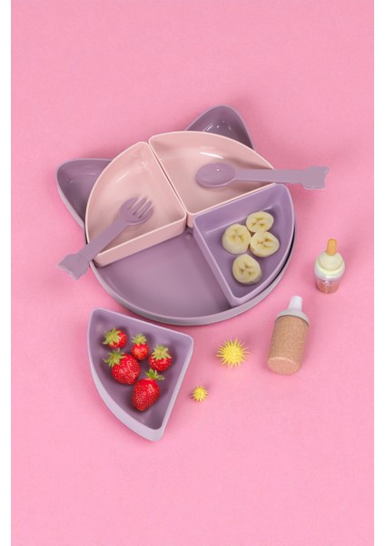 Kitty 7 Parça Kedicik Model Çocuk Bebek Çatal Kaşık Tabak Yemek Beslenme Seti Mama Tabağı - Kahve