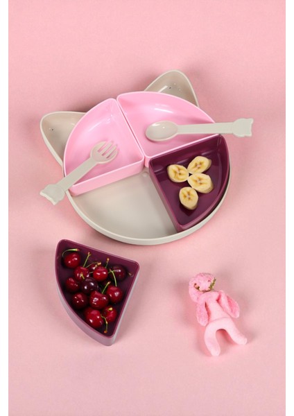 Kitty 7 Parça Kedicik Model Çocuk Bebek Çatal Kaşık Tabak Yemek Beslenme Seti Mama Tabağı - Pudra