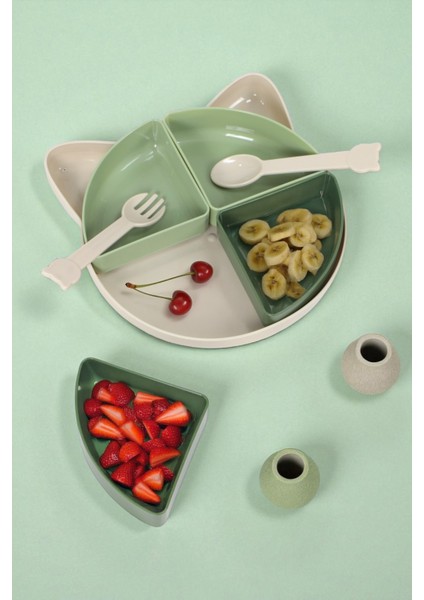 Kitty 7 Parça Kedicik Model Çocuk Bebek Çatal Kaşık Tabak Yemek Beslenme Seti Mama Tabağı - Yeşil