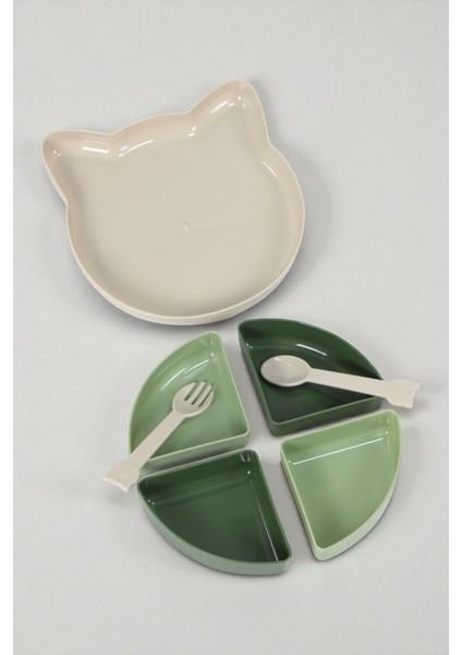 Kitty 7 Parça Kedicik Model Çocuk Bebek Çatal Kaşık Tabak Yemek Beslenme Seti Mama Tabağı - Yeşil fiyatları