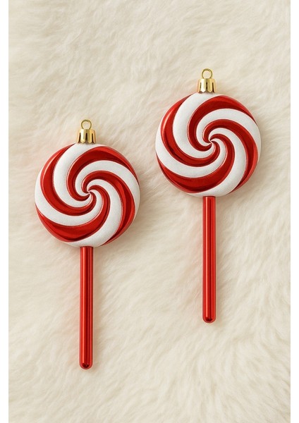 Yılbaşı Ağacı Süsü Kırmızı Beyaz Spiral Lolipop Şeker 2'li Set