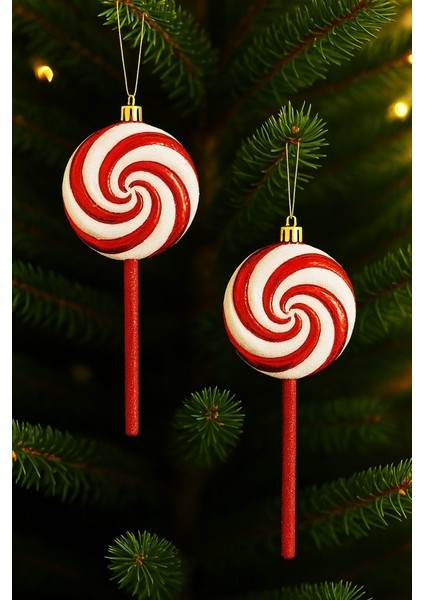 Yılbaşı Ağacı Süsü Kırmızı Beyaz Spiral Lolipop Şeker 2'li Set modelleri