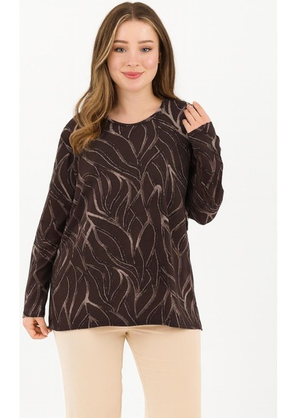 Kadın Orta Yaş Ve Üzeri Baskı Desenli Simli Likralı Yırtmaçlı Siyah Anne Penye Bluz