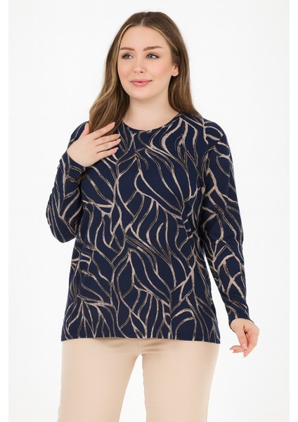 Kadın Orta Yaş ve Üzeri Baskı Desenli Simli Likralı Mavi Anne Penye Bluz