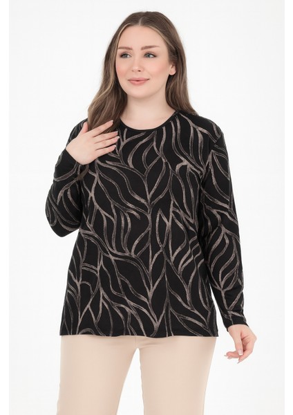 Kadın Orta Yaş Ve Üzeri Baskı Desenli Simli Likralı Yırtmaçlı Siyah Anne Penye Bluz