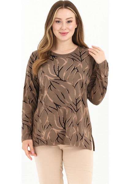 Kadın Orta Yaş Ve Üzeri Baskı Desenli Simli Likralı Yırtmaçlı Siyah Anne Penye Bluz