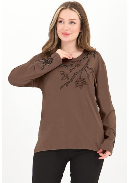 Kadın Orta Yaş ve Üzeri Viskon Renkli Yaprak Desenli Taşlı Işlemeli Likralı Kahverengi Anne Penye Bluz