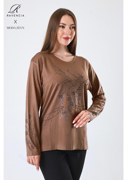 Kadın Orta Yaş ve Üzeri Viskon Yeni Kaplama Desen Taşlı Işlemeli Likralı Kahverengi Anne Penye Bluz