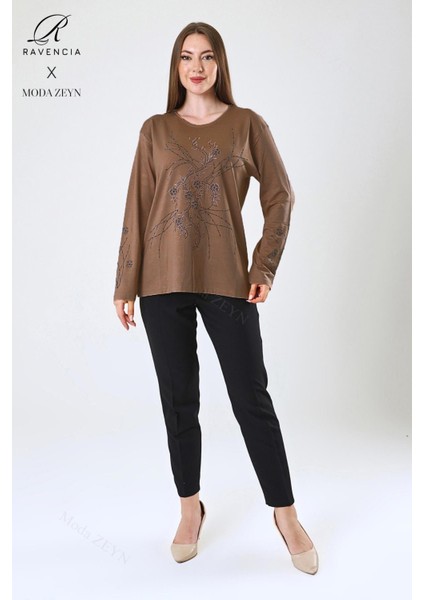 Kadın Orta Yaş ve Üzeri Viskon Yeni Kaplama Desen Taşlı Işlemeli Likralı Kahverengi Anne Penye Bluz fiyatları
