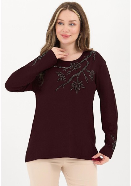 Kadın Orta Yaş ve Üzeri Viskon Renkli Yaprak Desenli Taşlı Işlemeli Likralı Koyu Bordo Anne Penye Bluz