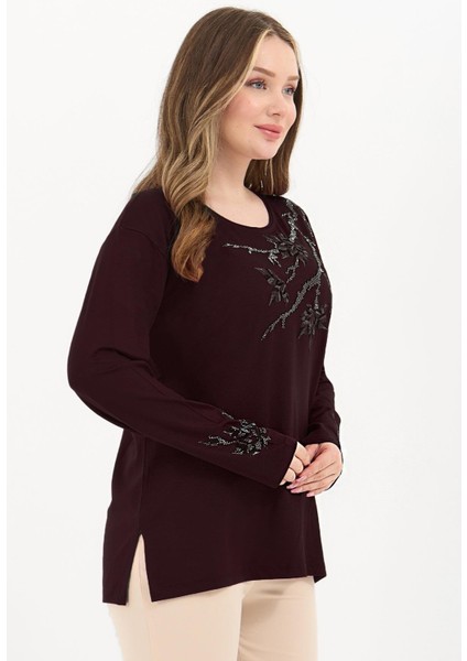 Kadın Orta Yaş ve Üzeri Viskon Renkli Yaprak Desenli Taşlı Işlemeli Likralı Koyu Bordo Anne Penye Bluz fiyatları