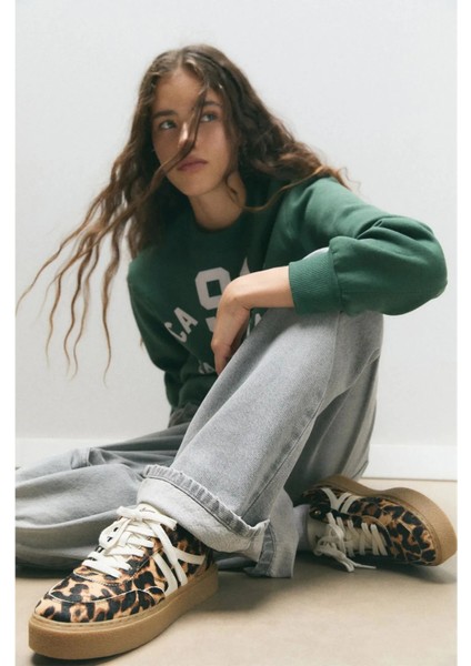 Allbucks Pull&bear, Leopar Desenli ve Kalın Tabanlı Gerçek Deri Spor Ayakkabı Sneaker ABPNB1008 modelleri