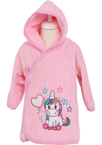 %100 Pamuk Kapüşonlu Bebek Çocuk Bornoz Havlu Pembe