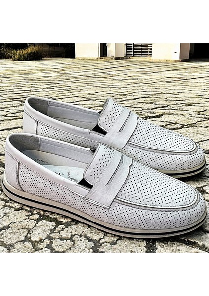 Püsküllü Hakiki Deri Beyaz Yumuşak ve Esnek Loafer Erkek Ayakkabı