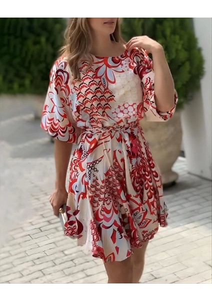 Kadın Kısa Balon Kollu Yuvarlak Yakalı Pileli Desenli Mini Elbise fiyatları