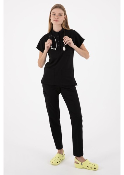 Siyah Petra Premium Likralı Doktor Hemşire Forma Takımı Scrubs Üniforma