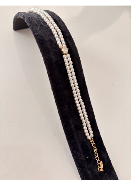 Çift Sıra Inci Görünümlü Zarif Bileklik – Altın Detaylı - çelik bileklik