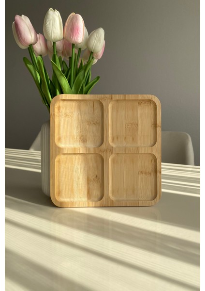 Bambu Kare 4 Bölmeli Sunumluk / Kahvaltılık - Meyve Tabağı - Peynir Tabağı