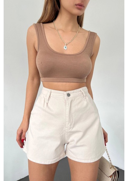 Çift Cepli Pileli Mini Denim Şort -Krem Krem-L