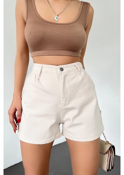 Çift Cepli Pileli Mini Denim Şort -Krem Krem-L fiyatları