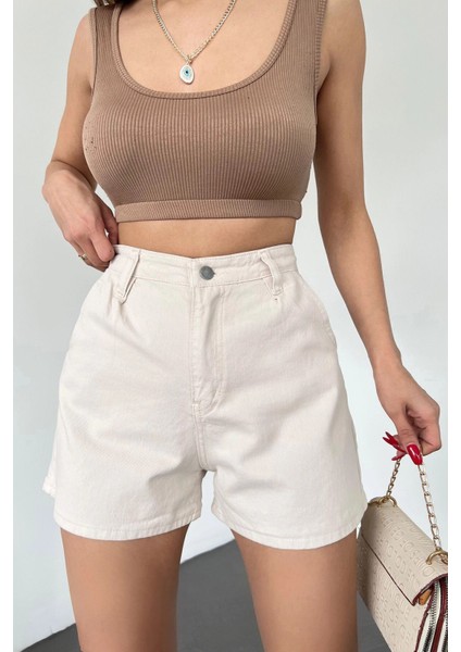 Çift Cepli Pileli Mini Denim Şort -Krem Krem-L modelleri