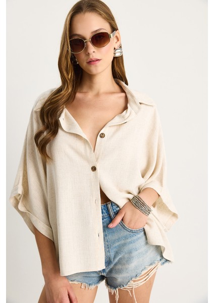Kadın Yarasa Kol Oversıze Viskon Keten Gömlek