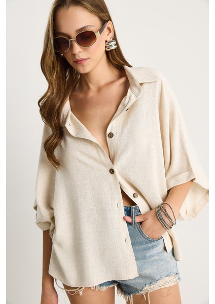 Kadın Yarasa Kol Oversıze Viskon Keten Gömlek fiyatları