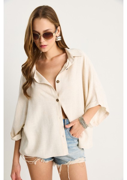 Kadın Yarasa Kol Oversıze Viskon Keten Gömlek fırsatları