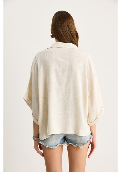 Kadın Yarasa Kol Oversıze Viskon Keten Gömlek