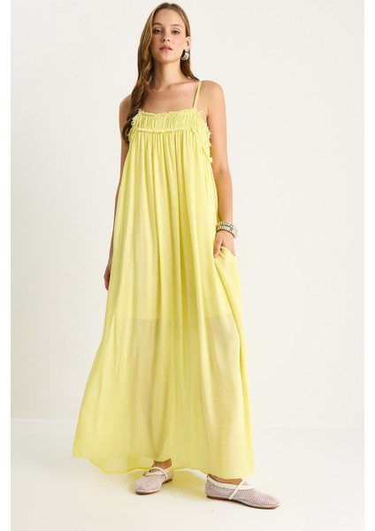 Kadın Ince Askılı Büzgülü Cep Detaylı Astarlı Ince Pamuklu Elbise