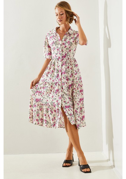 Kadın Yakalı Düğmeli Viskon Elbise