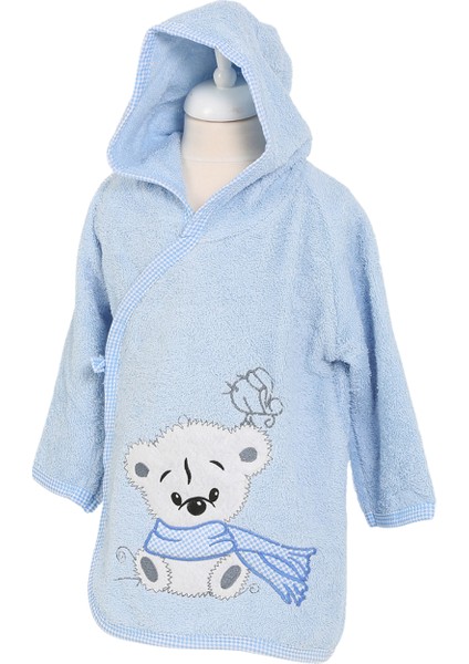 %100 Pamuk Kapüşonlu Bebek Çocuk Bornoz Havlu Mavi Mavi-3 Yaş