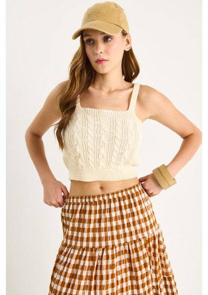 Kadın Kare Yaka Saç Örgülü Askılı Crop Bluz modelleri