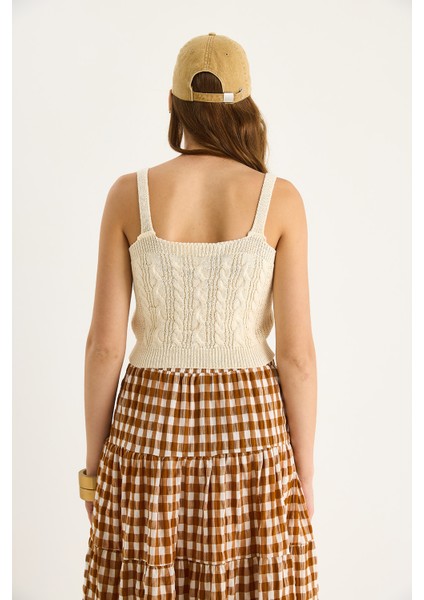 Kadın Kare Yaka Saç Örgülü Askılı Crop Bluz