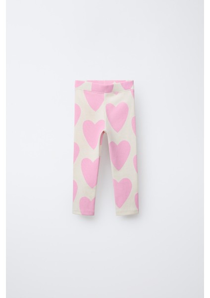 Kız Çocuk Pamuklu Ekru Pembe Kalp Desenli Sweatshirt ve Tayt Takım - Love