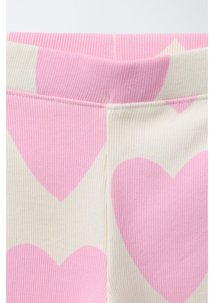 Kız Çocuk Pamuklu Ekru Pembe Kalp Desenli Sweatshirt ve Tayt Takım - Love