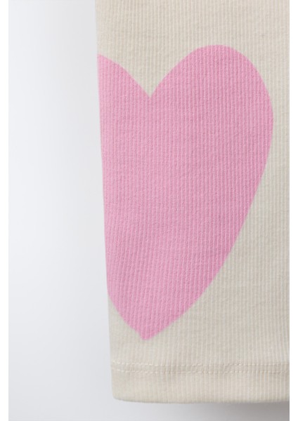Kız Çocuk Pamuklu Ekru Pembe Kalp Desenli Sweatshirt ve Tayt Takım - Love
