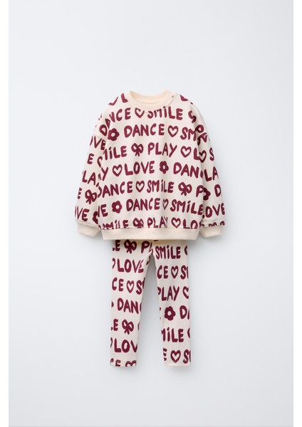 Kız Çocuk Pamuklu Ekru Bordo Yazı Baskılı Sweatshirt ve Tayt Takım - Love Smile Dance