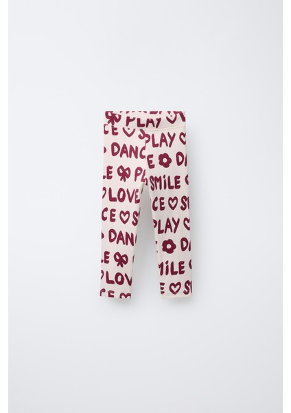 Kız Çocuk Pamuklu Ekru Bordo Yazı Baskılı Sweatshirt ve Tayt Takım - Love Smile Dance fiyatları