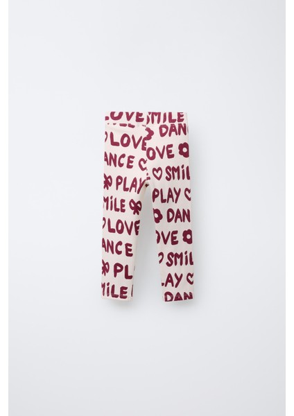 Kız Çocuk Pamuklu Ekru Bordo Yazı Baskılı Sweatshirt ve Tayt Takım - Love Smile Dance modelleri