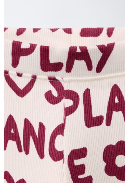 Kız Çocuk Pamuklu Ekru Bordo Yazı Baskılı Sweatshirt ve Tayt Takım - Love Smile Dance fırsatları