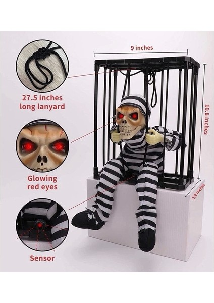 Hareketli Sesli Sensörlü Mahkum Görünümlü Kuru Kafa Iskelet Dekorasyon 22X27 cm