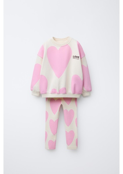 Kız Çocuk Pamuklu Ekru Pembe Kalp Desenli Sweatshirt ve Tayt Takım - Love