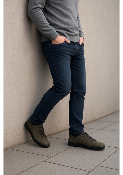 GR0222 Hakiki Süet Deri Koyu Yeşil Lastik Bağcık İthal Taban Sneaker Erkek Ayakkabı